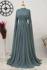 A-Line Chiffon Appliques Beads Prom Dresses Long Muslim Evening Gowns Dubai Arabic Formal Wedding Guest Dresses for Women picture color
